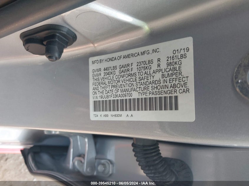 VIN 19UUB1F33KA009700 2019 ACURA TLX STANDARD