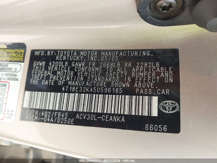 2005 Toyota Camry Le VIN: 4T1BE32K45U596185 Lot: 39545211