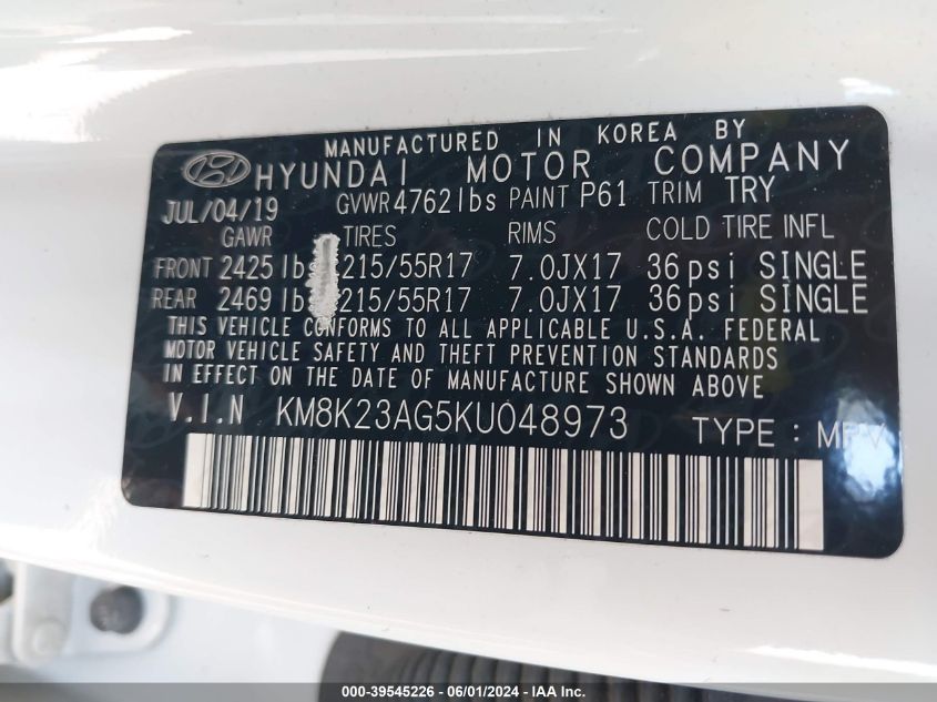 2019 Hyundai Kona Ev Sel VIN: KM8K23AG5KU048973 Lot: 39545226