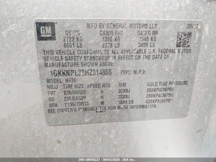2017 GMC Acadia Denali VIN: 1GKKNPLS3HZ314866 Lot: 39545227