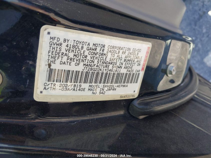 2000 Toyota Camry Le VIN: JT2BG22K1Y0461811 Lot: 39545230