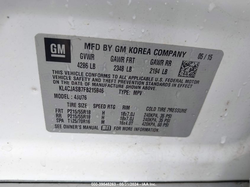 2015 Buick Encore VIN: KL4CJASB7FB215946 Lot: 39545263