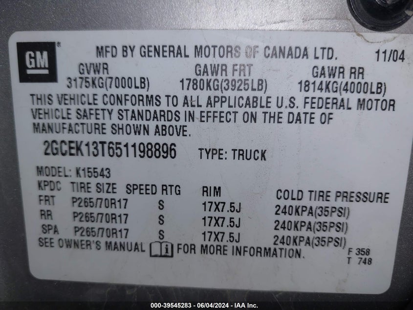 2005 Chevrolet Silverado 1500 Z71 VIN: 2GCEK13T651198896 Lot: 39545283