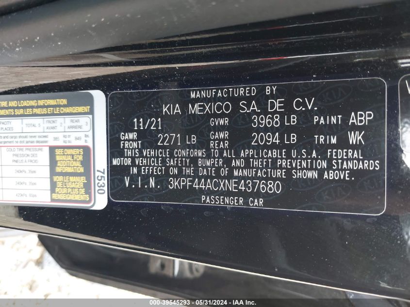 2022 Kia Forte Gt VIN: 3KPF44ACXNE437680 Lot: 39545293