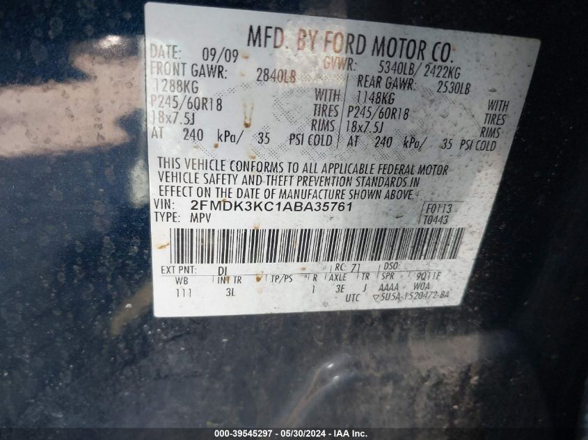 2010 Ford Edge Limited VIN: 2FMDK3KC1ABA35761 Lot: 39545297