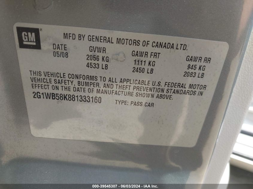 2008 Chevrolet Impala Ls VIN: 2G1WB58K881333160 Lot: 39545307