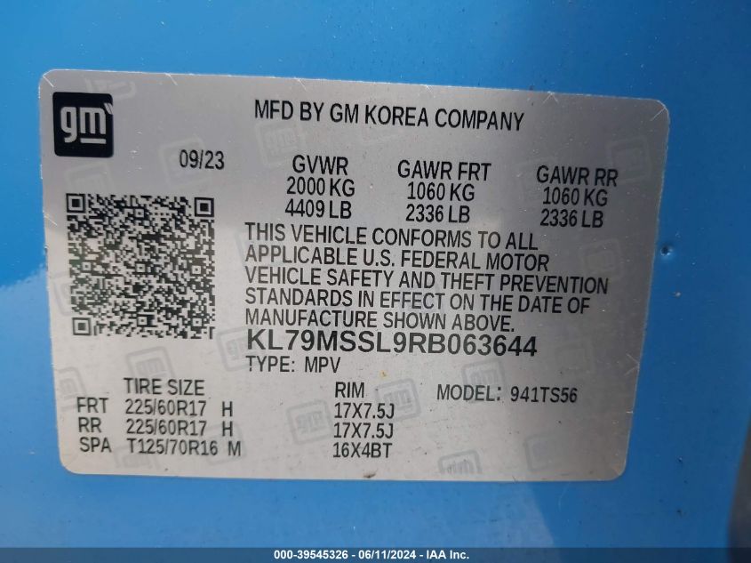 2024 Chevrolet Trailblazer Awd Activ VIN: KL79MSSL9RB063644 Lot: 39545326