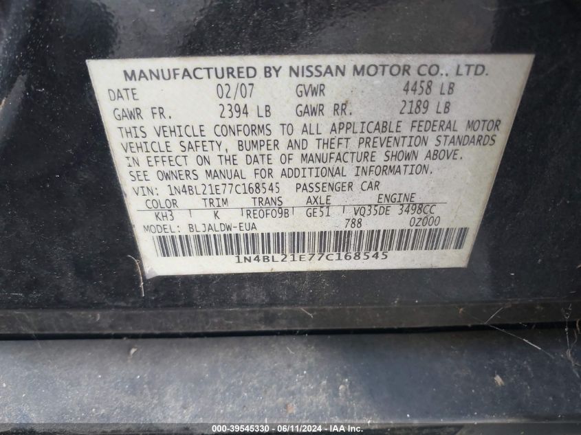 2007 Nissan Altima 3.5 Se VIN: 1N4BL21E77C168545 Lot: 39545330