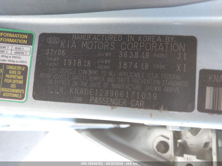 2006 Kia Rio Lx VIN: KNADE123966171039 Lot: 39545352