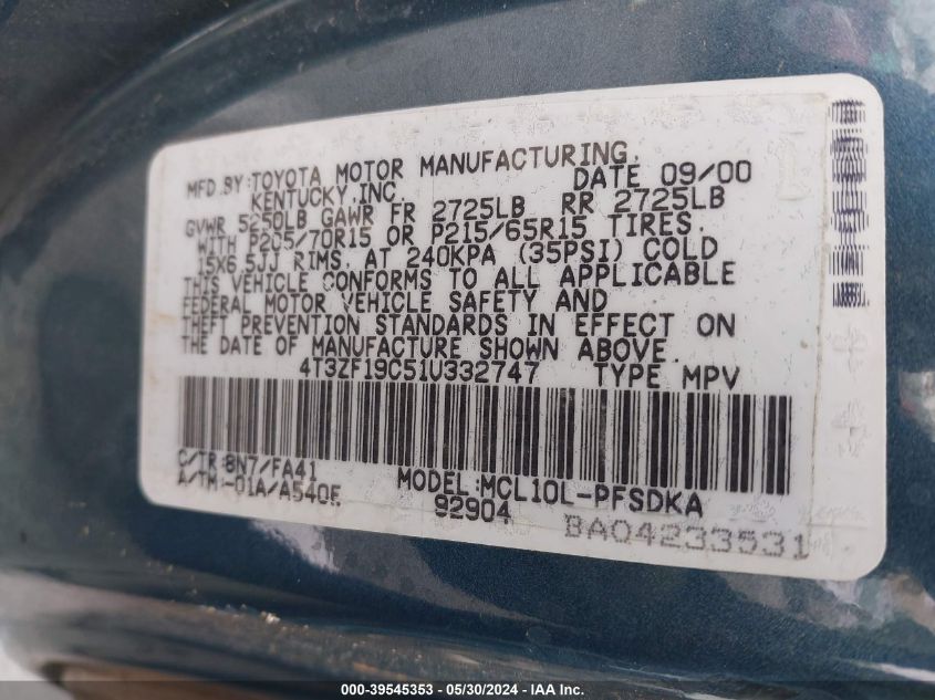 2001 Toyota Sienna Ce VIN: 4T3ZF19C51U332747 Lot: 39545353