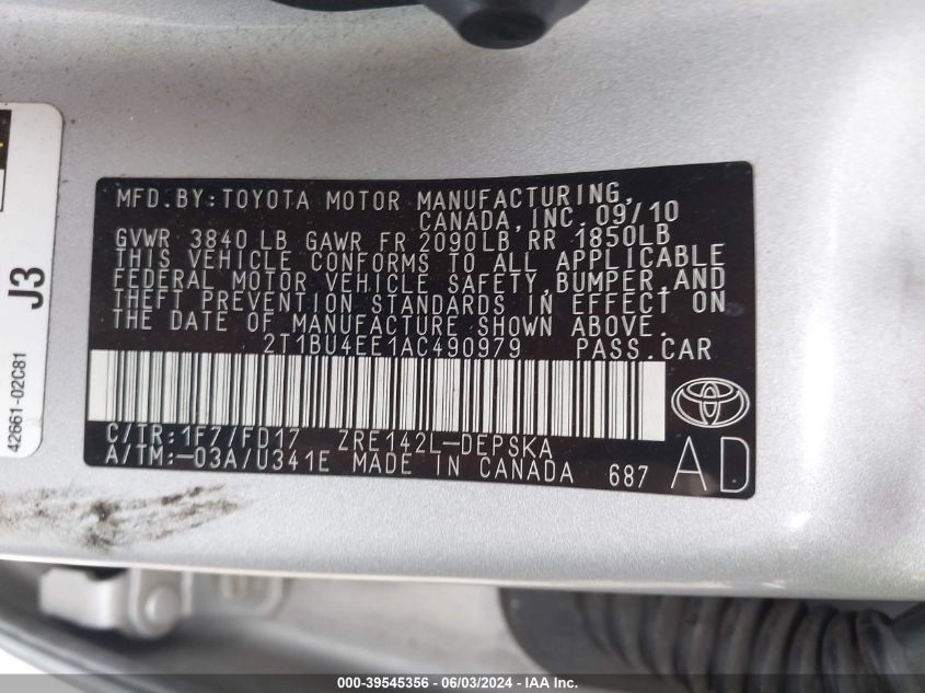 2010 Toyota Corolla S VIN: 2T1BU4EE1AC490979 Lot: 39545356