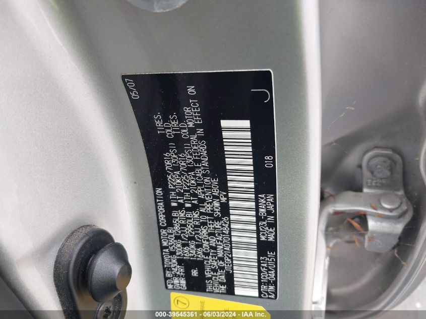 2007 Toyota Highlander V6 VIN: JTEGP21A070148426 Lot: 39545361