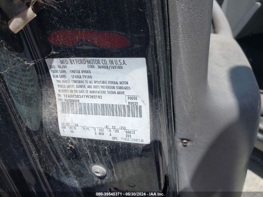 2000 Ford Focus Zts VIN: 1FAFP3834YW382182 Lot: 39545371