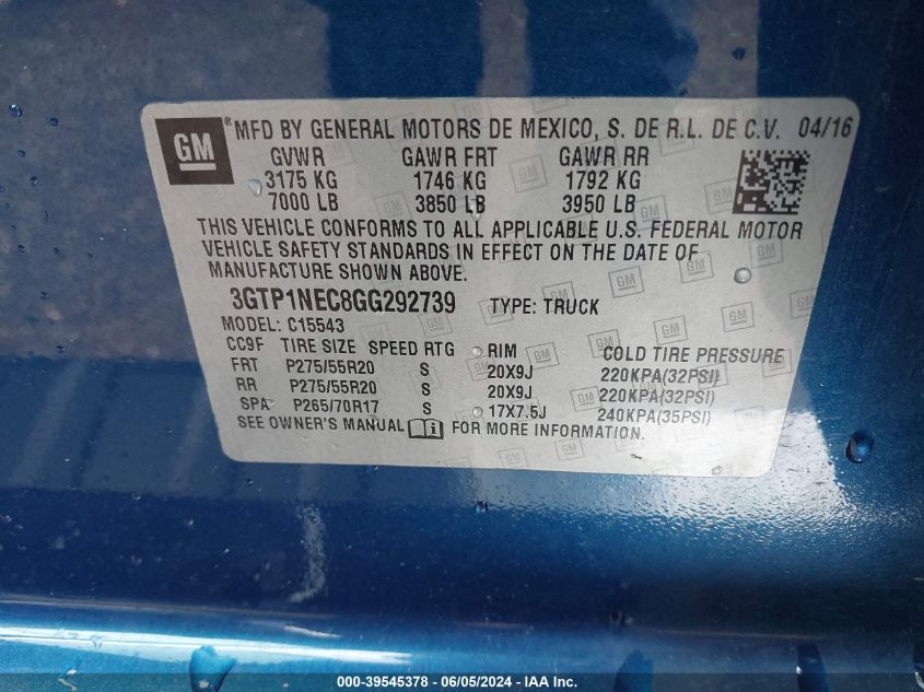 2016 GMC Sierra 1500 Slt VIN: 3GTP1NEC8GG292739 Lot: 39545378