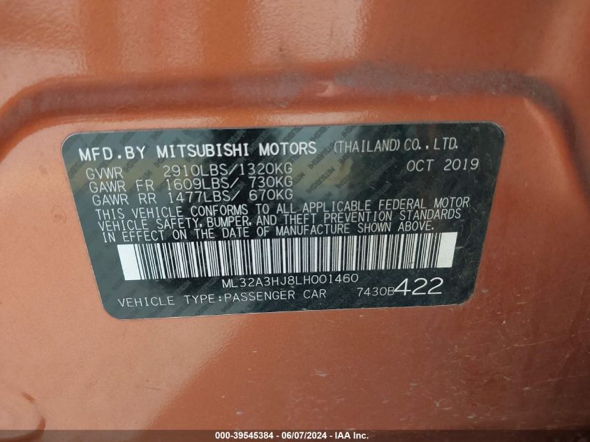 2020 Mitsubishi Mirage Es/Se VIN: ML32A3HJ8LH001460 Lot: 39545384