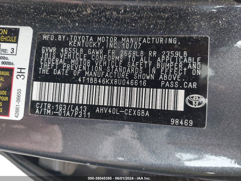 2008 Toyota Camry Hybrid VIN: 4T1BB46KX8U046616 Lot: 39545395