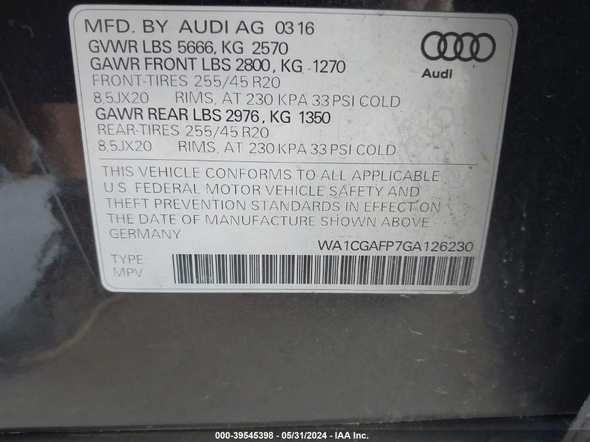 2016 Audi Q5 Prestige VIN: WA1CGAFP7GA126230 Lot: 39545398