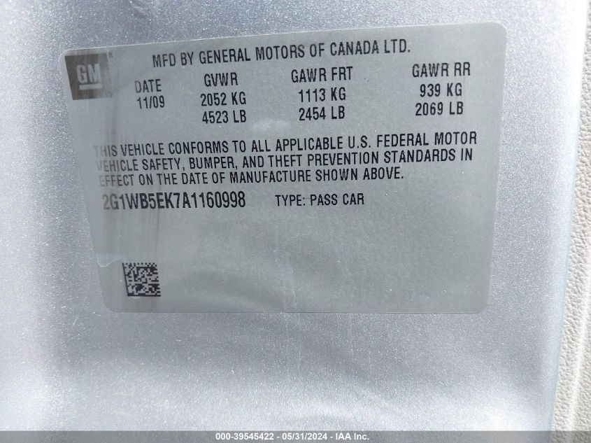 2010 Chevrolet Impala Lt VIN: 2G1WB5EK7A1160998 Lot: 39545422