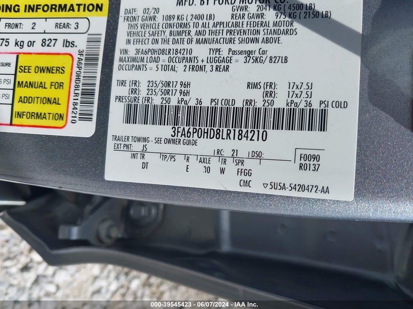 VIN 3FA6P0HD8LR184210 2020 FORD FUSION SE