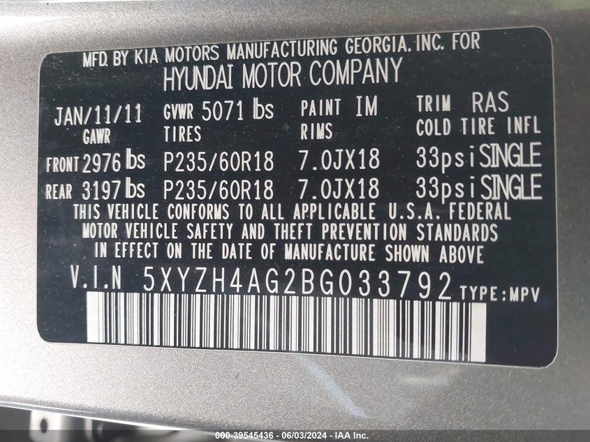 2011 Hyundai Santa Fe Se VIN: 5XYZH4AG2BG033792 Lot: 39545436