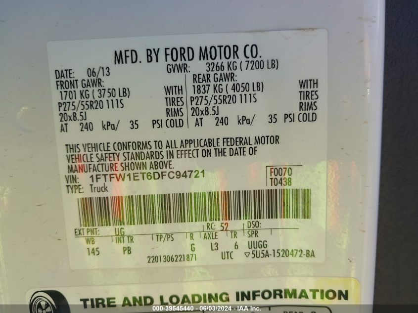 2013 Ford F-150 Platinum VIN: 1FTFW1ET6DFC94721 Lot: 39545440