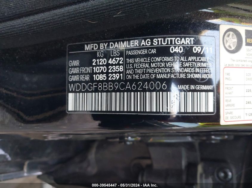 2012 Mercedes-Benz C 300 Luxury 4Matic/Sport 4Matic VIN: WDDGF8BB9CA624006 Lot: 39545447