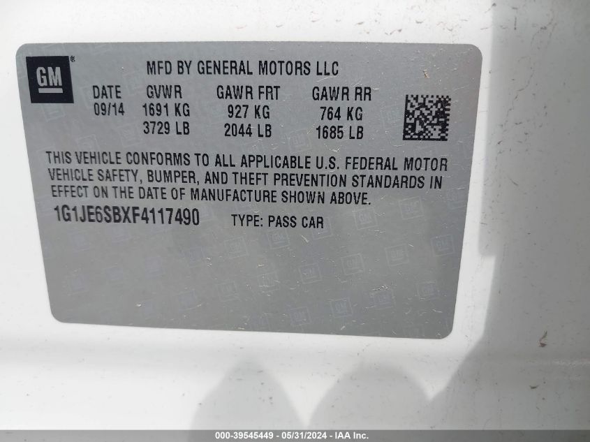 2015 Chevrolet Sonic Ltz Auto VIN: 1G1JE6SBXF4117490 Lot: 39545449