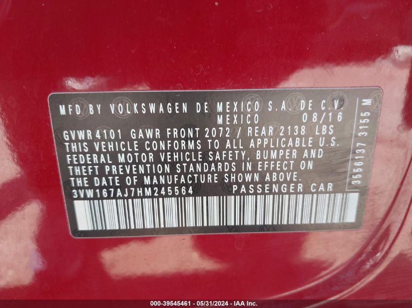 2017 Volkswagen Jetta 1.4T S VIN: 3VW167AJ7HM245564 Lot: 39545461