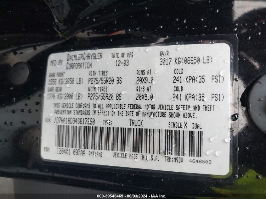 2004 Dodge Ram 1500 Slt/Laramie VIN: 1D7HA18D34S617390 Lot: 39545469