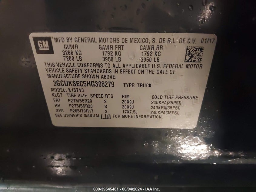 2017 Chevrolet Silverado 1500 2Lz VIN: 3GCUKSEC5HG308279 Lot: 39545481