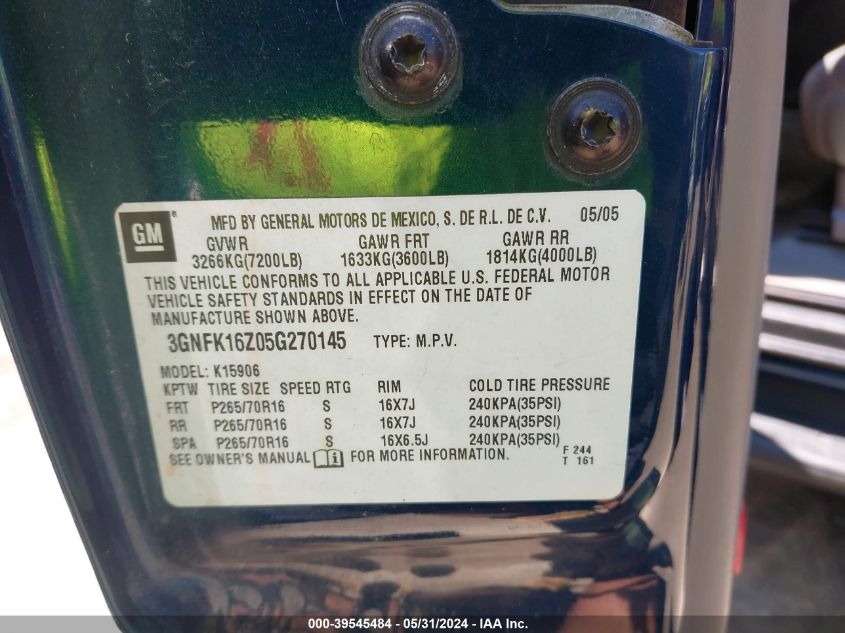 2005 Chevrolet Suburban 1500 Ls VIN: 3GNFK16Z05G270145 Lot: 39545484