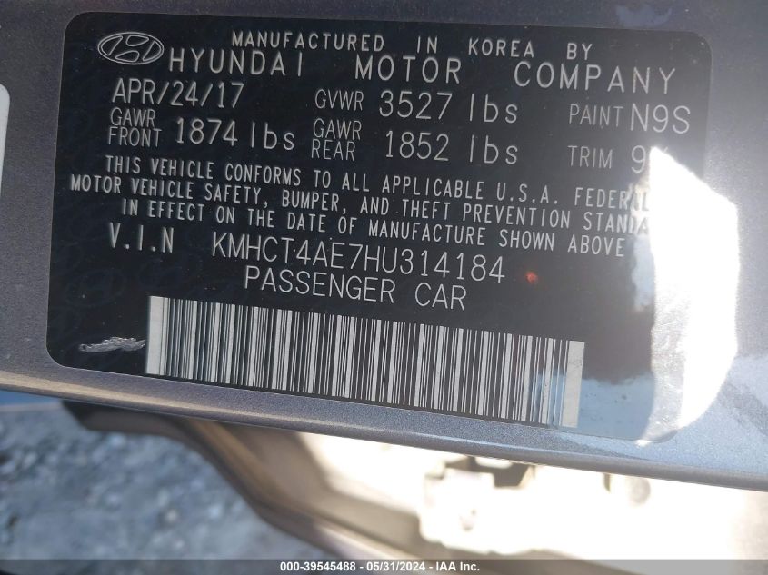2017 Hyundai Accent Se VIN: KMHCT4AE7HU314184 Lot: 39545488