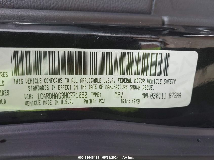 2017 Dodge Durango Sxt Rwd VIN: 1C4RDHAG3HC771052 Lot: 39545491