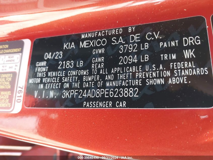 2023 Kia Forte Lxs VIN: 3KPF24AD8PE623882 Lot: 39545495