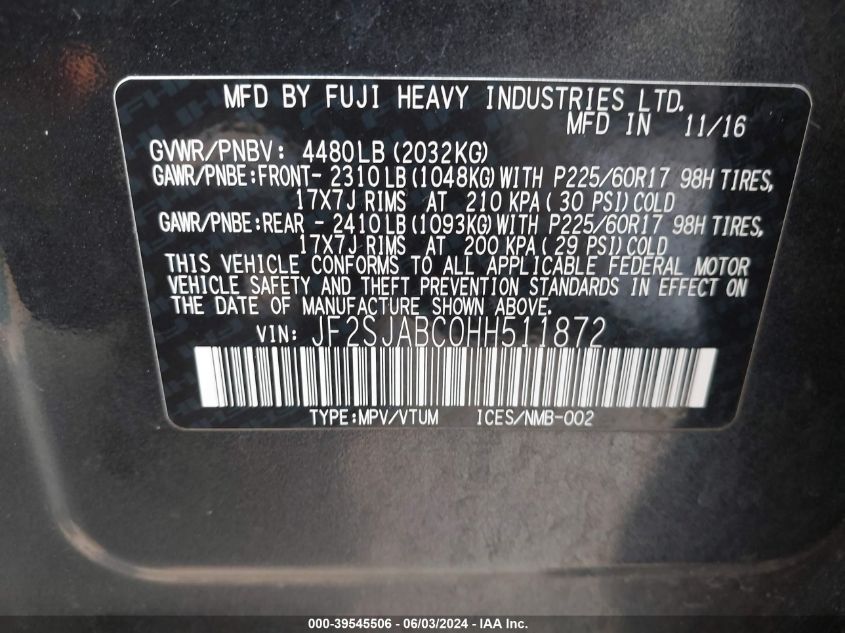 2017 Subaru Forester 2.5I VIN: JF2SJABC0HH511872 Lot: 39545506