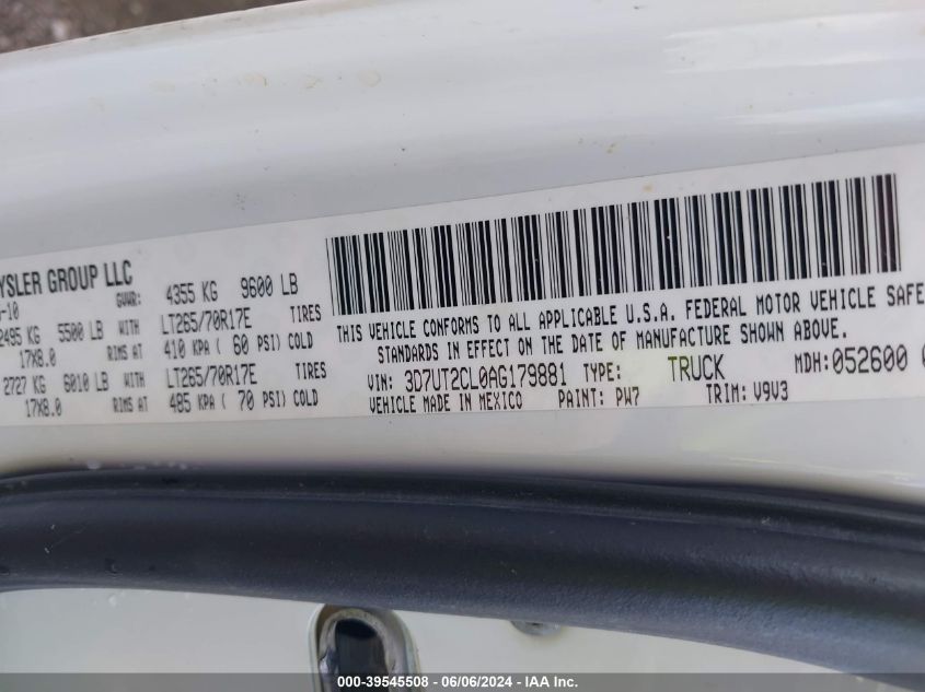 2010 Dodge Ram 2500 Slt VIN: 3D7UT2CL0AG179881 Lot: 39545508