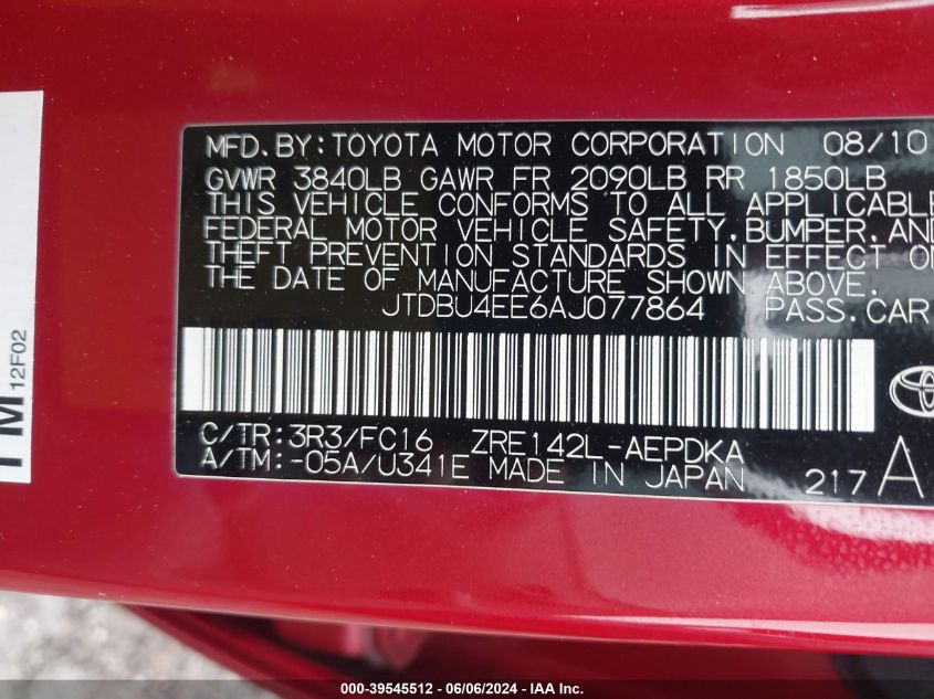 2010 Toyota Corolla Le VIN: JTDBU4EE6AJ077864 Lot: 39545512