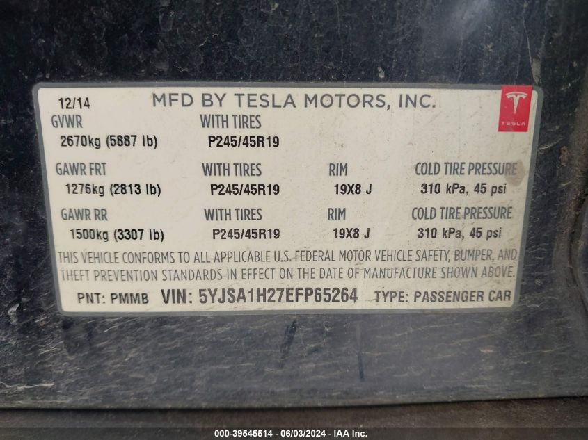 2014 Tesla Model S P85D VIN: 5YJSA1H27EFP65264 Lot: 39545514