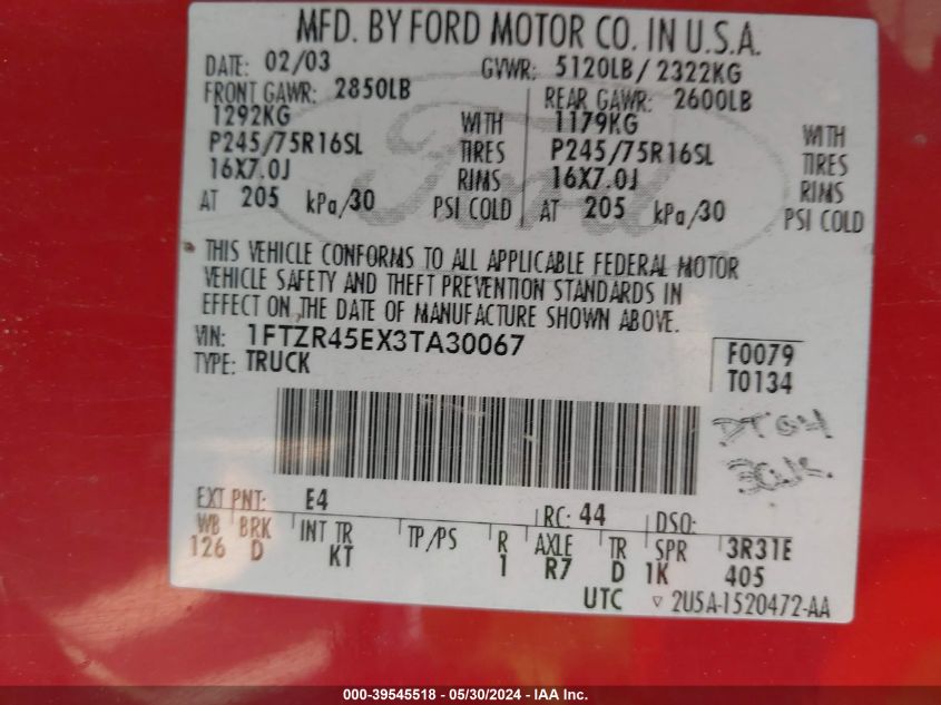 2003 Ford Ranger Edge/Xlt VIN: 1FTZR45EX3TA30067 Lot: 39545518