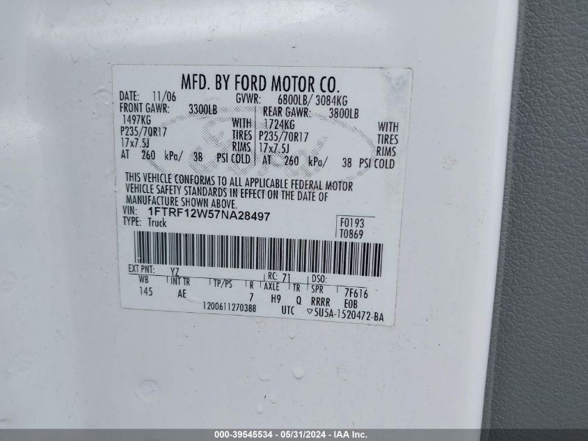 2007 Ford F-150 Stx/Xl/Xlt VIN: 1FTRF12W57NA28497 Lot: 39545534