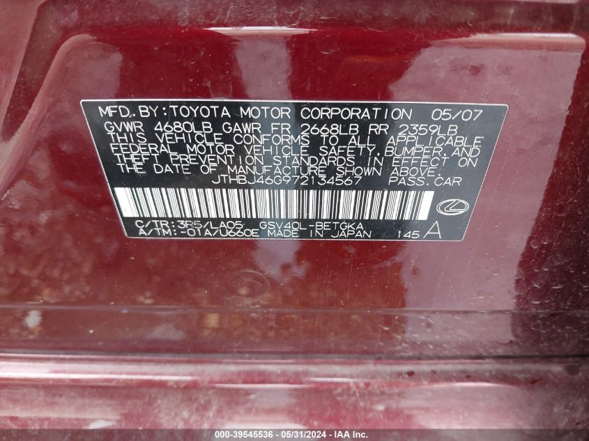 2007 Lexus Es 350 VIN: JTHBJ46G972134567 Lot: 39545536