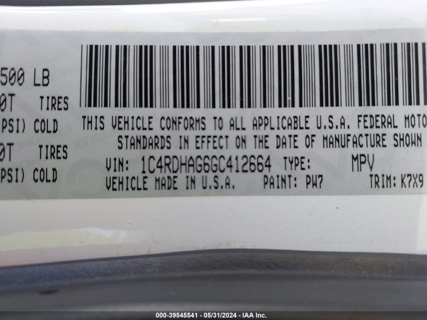 2016 Dodge Durango Sxt VIN: 1C4RDHAG6GC412664 Lot: 39545541