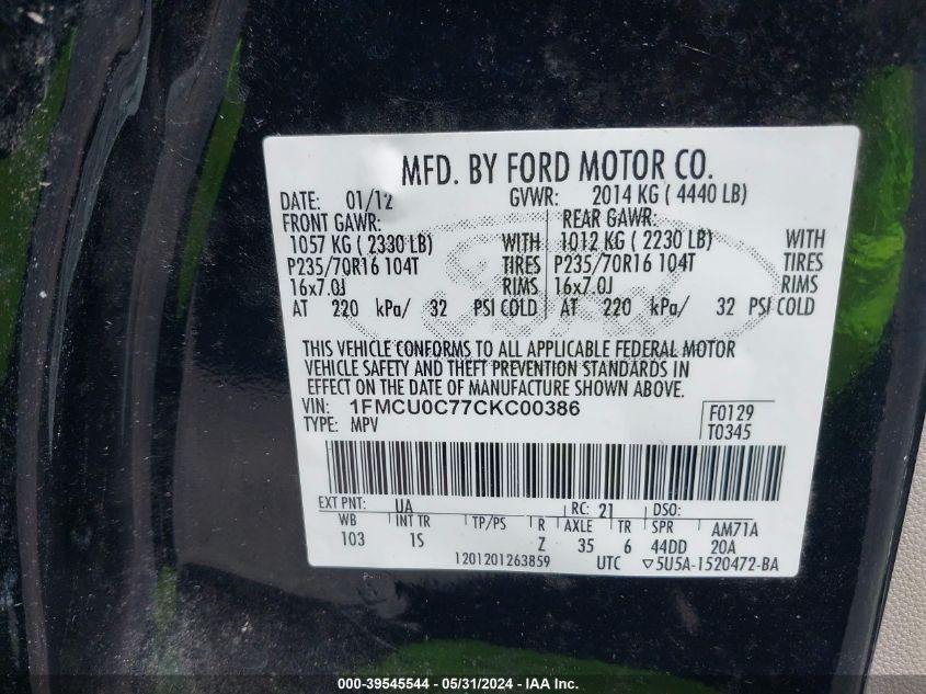 2012 Ford Escape Xls VIN: 1FMCU0C77CKC00386 Lot: 39545544