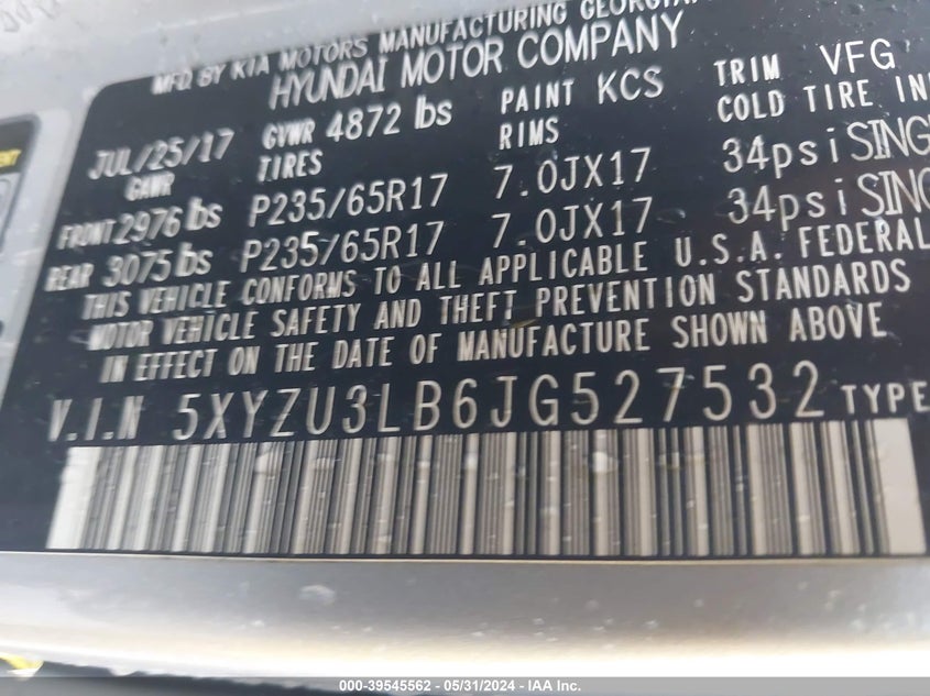 2018 Hyundai Santa Fe Sport 2.4L VIN: 5XYZU3LB6JG527532 Lot: 39545562
