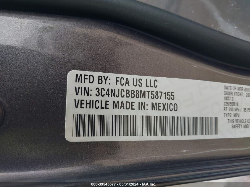 2021 Jeep Compass Altitude Fwd VIN: 3C4NJCBB8MT587155 Lot: 39545577