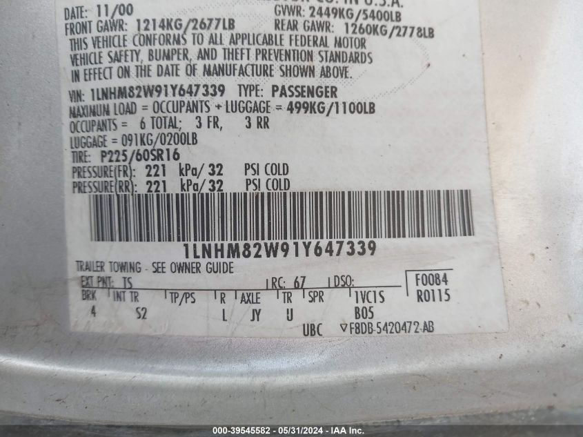 2001 Lincoln Town Car Signature VIN: 1LNHM82W91Y647339 Lot: 39545582