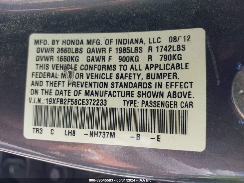 2012 Honda Civic Lx VIN: 19XFB2F58CE372233 Lot: 39545583
