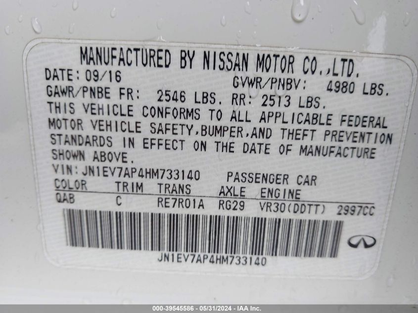 2017 Infiniti Q50 3.0T Premium VIN: JN1EV7AP4HM733140 Lot: 39545586