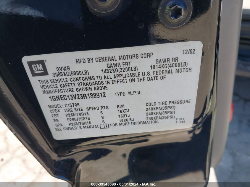 2003 Chevrolet Tahoe Ls VIN: 1GNEC13V23R188912 Lot: 39545590