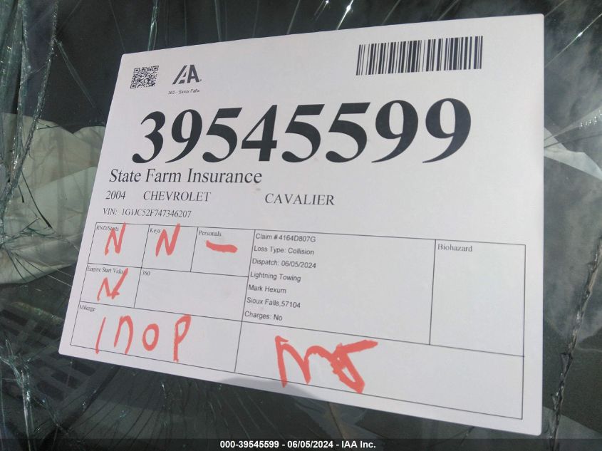 2004 Chevrolet Cavalier VIN: 1G1JC52F747346207 Lot: 39545599